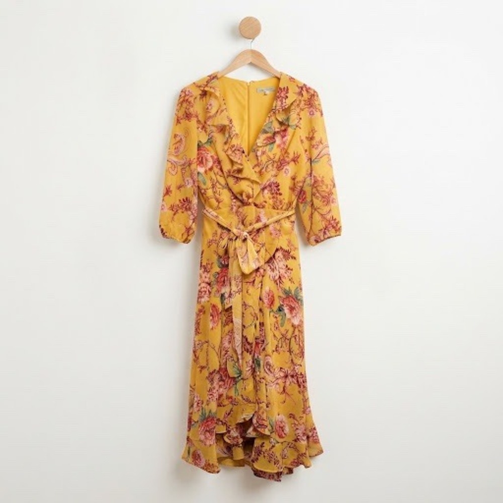 Danny & Nicole Prairie Ruffle Yellow Floral Chiffon Midi Dress Size 16 Boho Plus